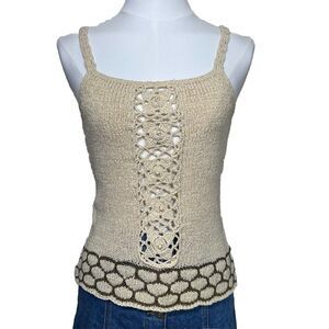 BOYAZI Crochet Knit Tank Top Women’s Beige Boho Handmade Style Sleeveless Sz XS